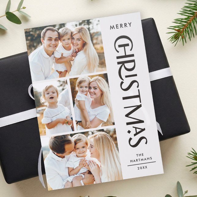 Modern Merry Christmas 4 Photo Collage Holiday Letterpress Photo Cards (Creator Uploaded)