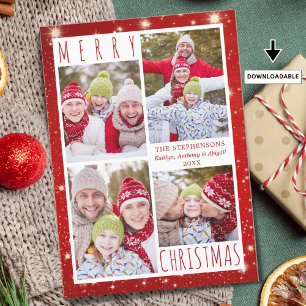 Modern MERRY CHRISTMAS 4 Photo Collage Red Lights Holiday Card