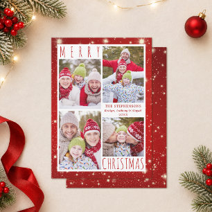 Modern MERRY CHRISTMAS 4 Photo Collage Red Lights Holiday Card