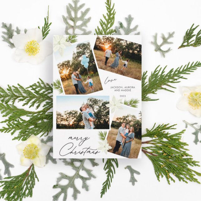 Modern Merry Christmas 4 photo Poinsettia Holiday Card (Creator Uploaded)