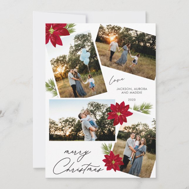 Modern Merry Christmas 4 photo Red Poinsettia Holiday Card (Front)