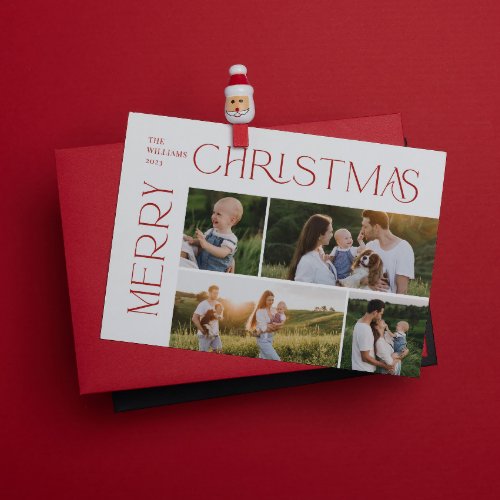 Modern Merry Christmas 4 Photo Red Typography Holiday Card
