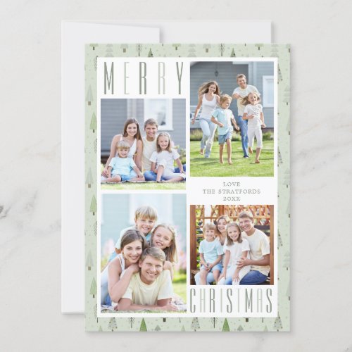 Modern MERRY CHRISTMAS 4 Photo Trees Green Holiday Card