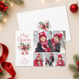 Modern Merry Christmas 4 Photos Script Holly Bow Holiday Card