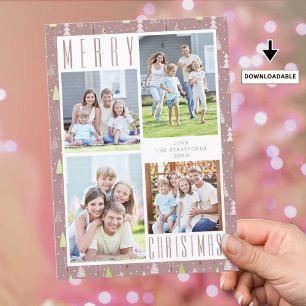 Modern MERRY CHRISTMAS 4 Photos Trees Mauve Holiday Card