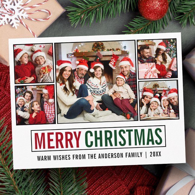 Modern Merry Christmas 5 Photo Postcard (Customize to change your personalized text size or text style.)