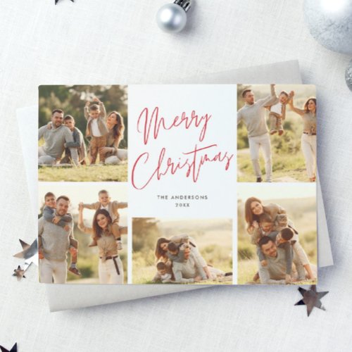 Modern Merry Christmas  5 Photo Red Script Holiday Card