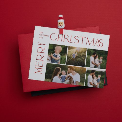 Modern Merry Christmas 5 Photo Red Typography Holiday Card