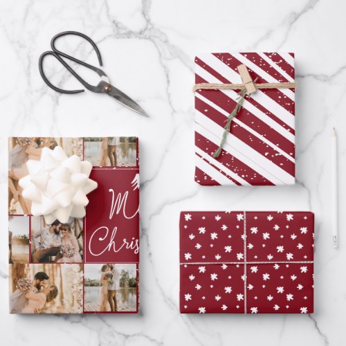 Modern merry christmas 5 photos collage grid red wrapping paper sheets