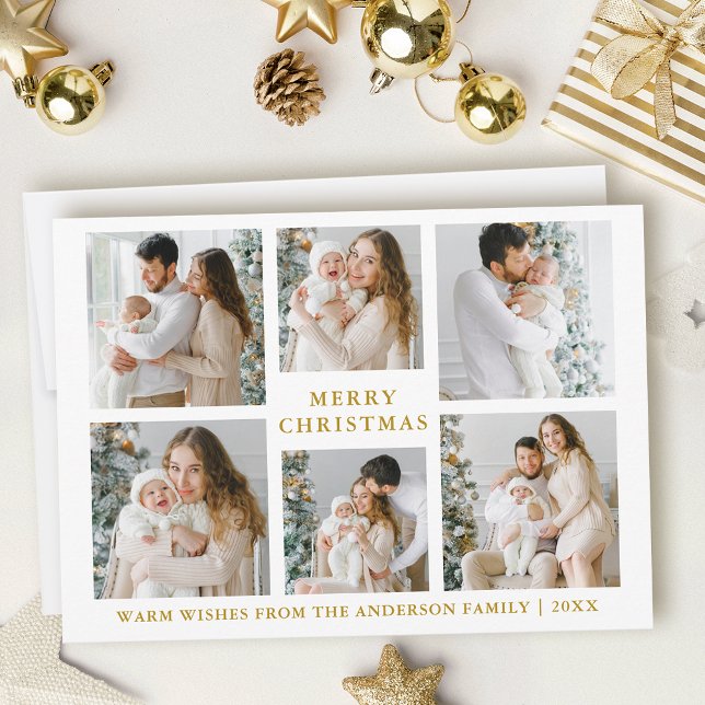 Modern Merry Christmas 6 Photo Gold Holiday Card (Customize to change text size, style or color.)