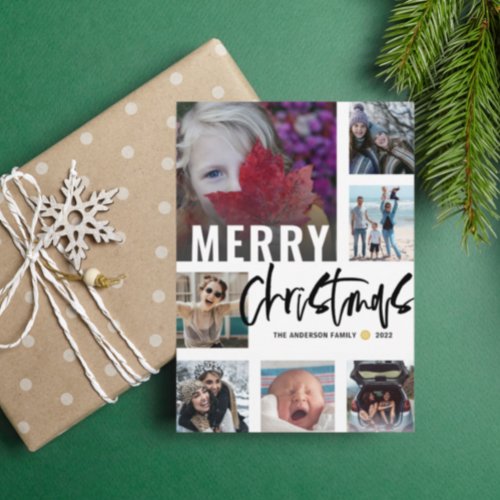 Modern Merry Christmas 7 Photo Collage Script Holiday Card