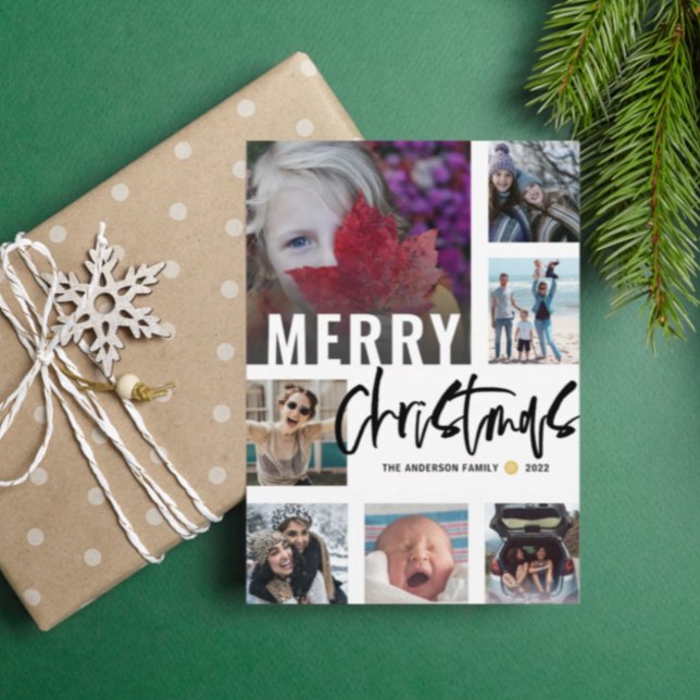 Modern Merry Christmas 7 Photo Collage Script Holiday Card (Creator Uploaded)