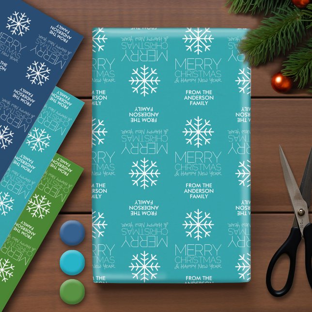 Modern Merry Christmas and HNY Family Name Wrapping Paper Sheets (Custom Wrapping Paper - Holiday and Christmas Theme)