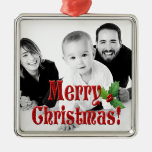 Modern Merry Christmas and Holly Custom Photo Metal Ornament