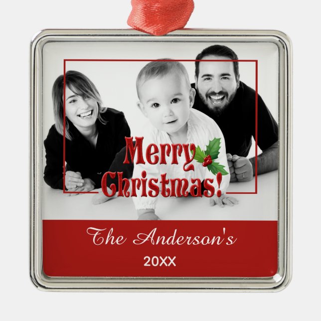 Modern Merry Christmas and Holly Custom Photo Red Metal Ornament (Front)