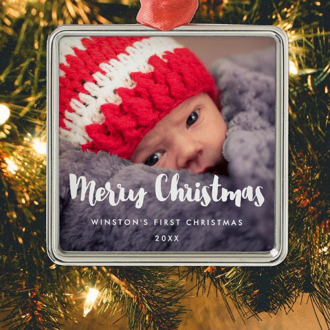 Modern Merry Christmas Baby photo Metal Ornament (Creator Uploaded)