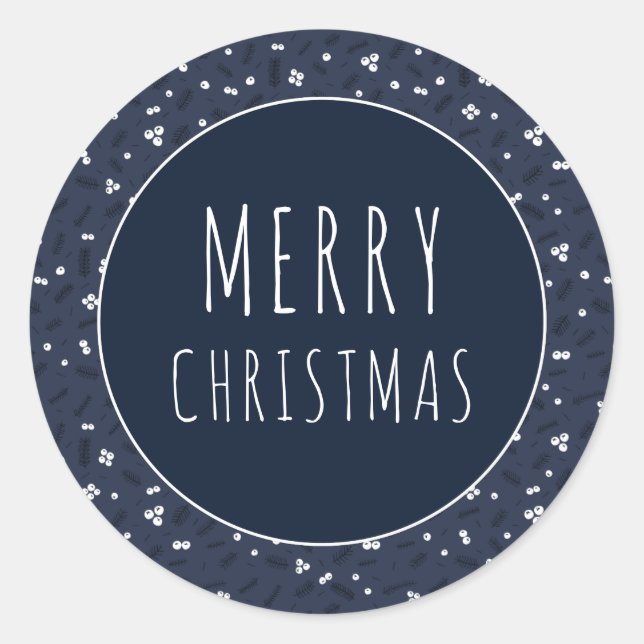 Modern Merry Christmas | Berries & Pine Classic Round Sticker (Front)