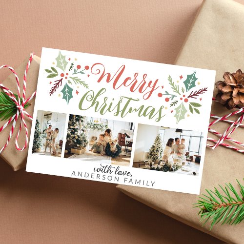 Modern Merry Christmas Berry Foliage Photo Collage Holiday Card