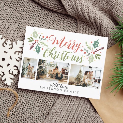 Modern Merry Christmas Berry Foliage Photo Collage Postcard