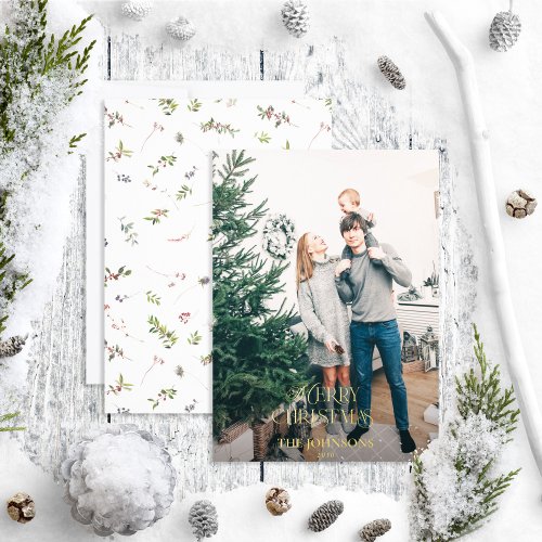 Modern Merry Christmas Berry Green Gold Photo Foil Holiday Card