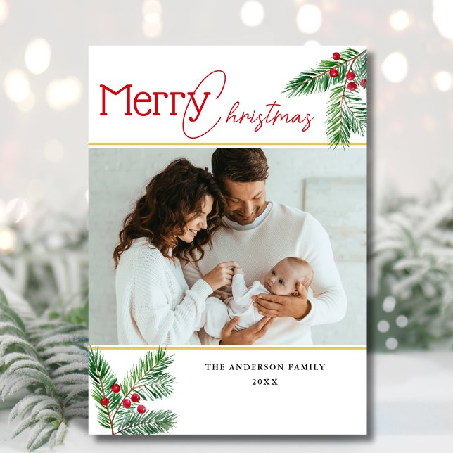 Modern Merry Christmas | Berry Greenery 2 Photo Holiday Card (Creator Uploaded)
