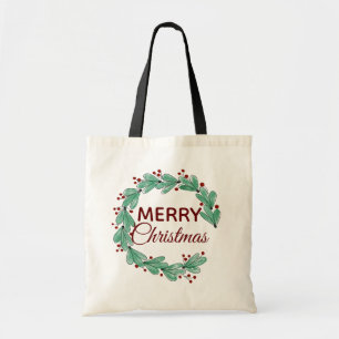 Modern Merry Christmas Berry Wreath Greenery Tote Bag