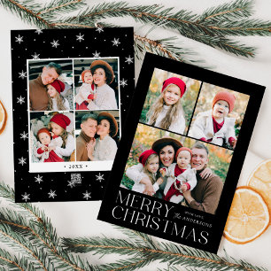 Modern Merry Christmas Black 7 Photo Collage Holiday Card
