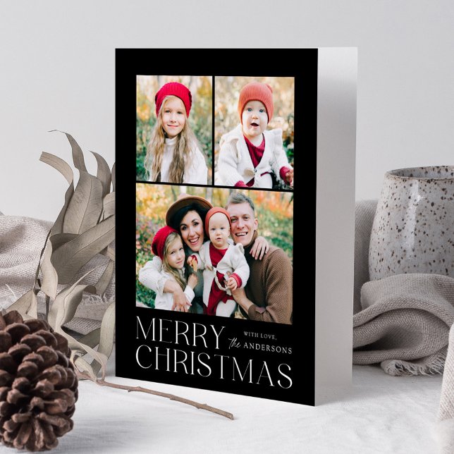 Modern Merry Christmas Black 7 Photo Collage Holiday Card (Creator Uploaded)