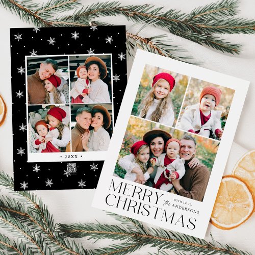 Modern Merry Christmas Black 7 Photo Collage Holiday Card