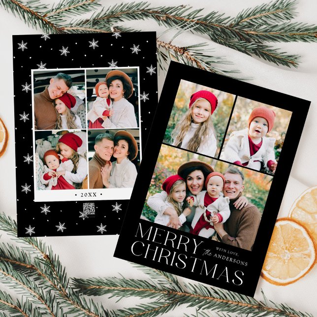 Modern Merry Christmas Black 7 Photo Collage Holiday Card (Creator Uploaded)