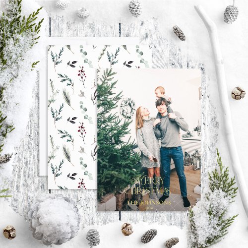 Modern Merry Christmas Black Green Gold Photo Foil Holiday Card