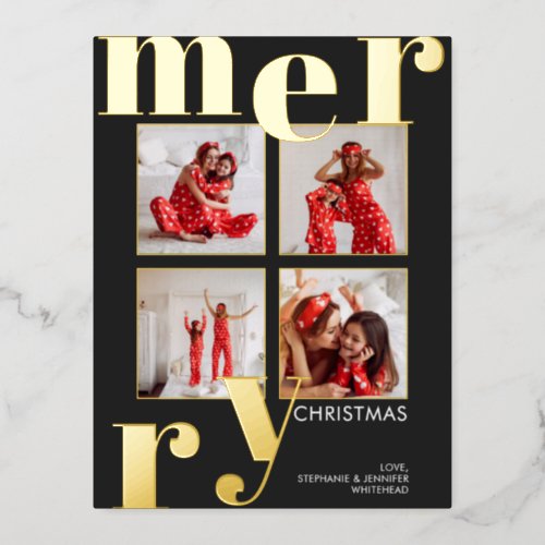 Modern Merry Christmas Black Photo Collage Foil Holiday Postcard