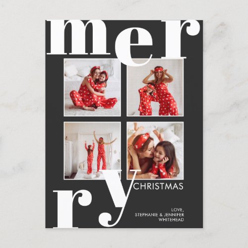 Modern Merry Christmas Black Photo Collage Holiday Postcard