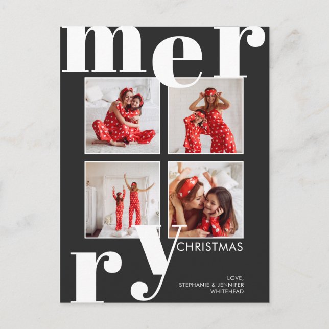 Modern Merry Christmas Black Photo Collage Holiday Postcard (Front)