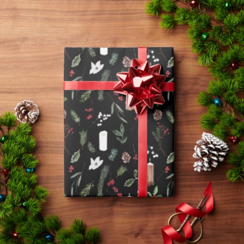 Modern Merry Christmas Black Red Berry Botanical Wrapping Paper