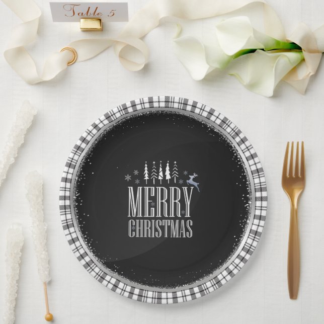 Modern Merry Christmas Black White Plaid Elegant Paper Plates (Wedding)