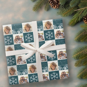 Modern Merry Christmas Blue Bokeh Personalized Wrapping Paper