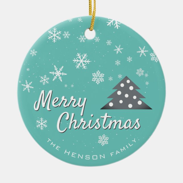 Modern Merry Christmas Blue Ceramic Ornament (Front)