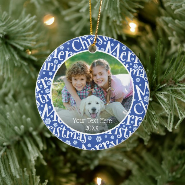 Modern MERRY CHRISTMAS Blue Snowflake Photo Ceramic Ornament (Tree)