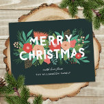Modern Merry Christmas Bold Floral Family Name  Holiday Postcard<br><div class="desc">Send cheer this holiday season with these colorful Christmas postcards. They feature various floral / winter elements (pine, leaves, flowers, berries, buds, pinecones, and sprigs) in a color scheme of red orange, peach, coral, aqua, teal, green, brown, and lime green. Modern typography reads, "MERRY CHRISTMAS" in white. The background color...</div>