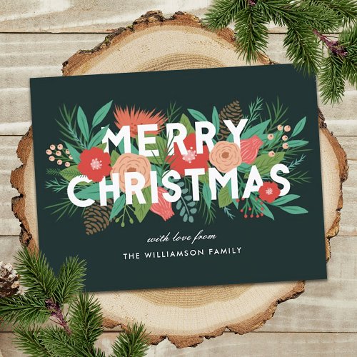 Modern Merry Christmas Bold Floral Family Name  Holiday Postcard