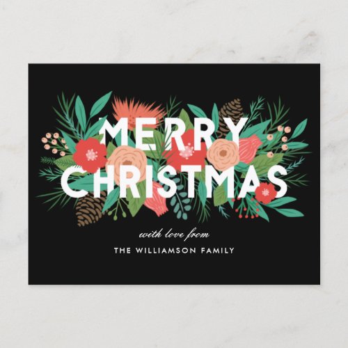 Modern Merry Christmas Bold Floral Family Name Holiday Postcard