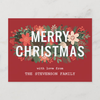 Modern Merry Christmas Bold Floral Family Name Holiday Postcard