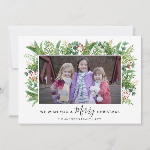 Modern Merry Christmas Botanical Pines 2 Photo Holiday Card