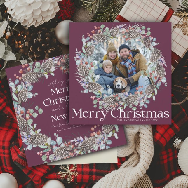 Modern Merry Christmas Botanical Wreath & Photo Holiday Card (Creator Uploaded)