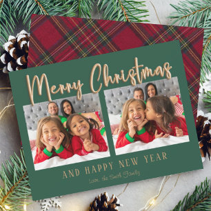 Modern Merry Christmas Bubble Letters Plaid Photo Holiday Card