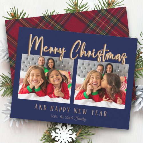 Modern Merry Christmas Bubble Letters Plaid Photo  Holiday Card