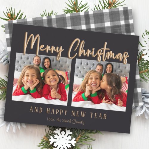 Modern Merry Christmas Bubble Letters Plaid Photo  Holiday Card