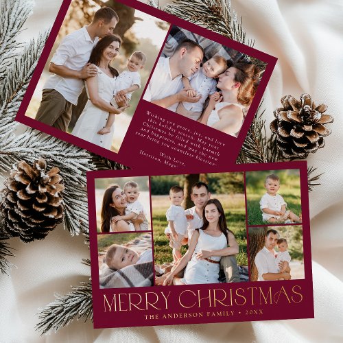 Modern Merry Christmas Burgundy Photo Collage Foil Holiday Card