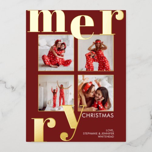 Modern Merry Christmas Burgundy Photo Collage Foil Holiday Postcard